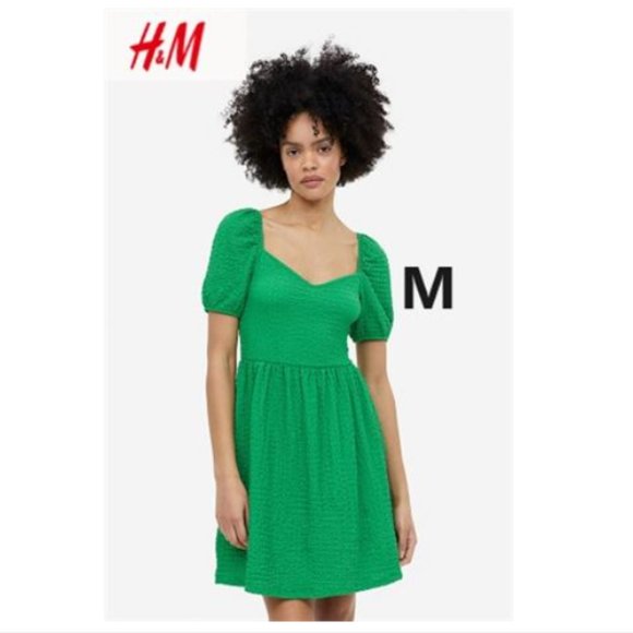 Babydoll Fit and Flare Puffed Sleeve textured Jersey Dress - Picture 1 of 3